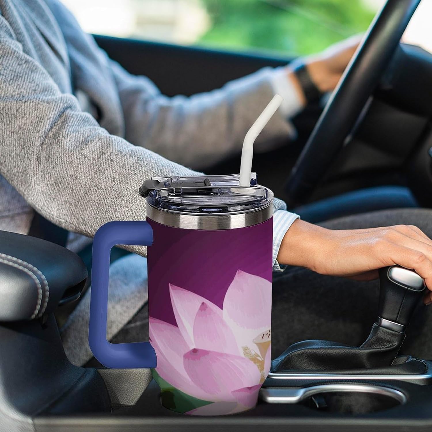 40 Oz Insulated Mug with Handle, Stainless Steel Asian Lotus Flower Printed Travel Mug Portable Leak-proof Large Car Mug for Home, Office Or Car