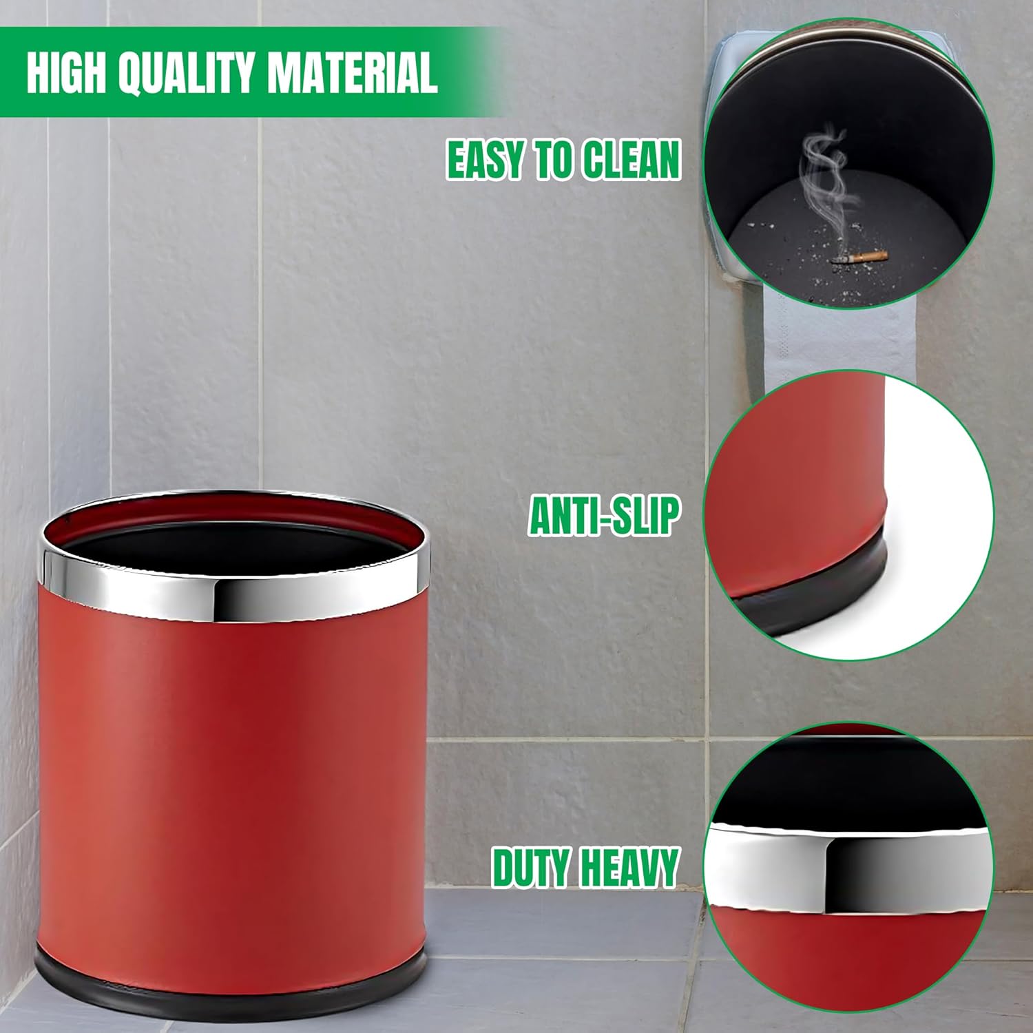 Small Office Trash Can, Open Top Small Wastebasket Bin, Invisi-Overlap' Metal Garbage Can, Waste Basket for Powder Room, Vanity, Bathroom (Red)