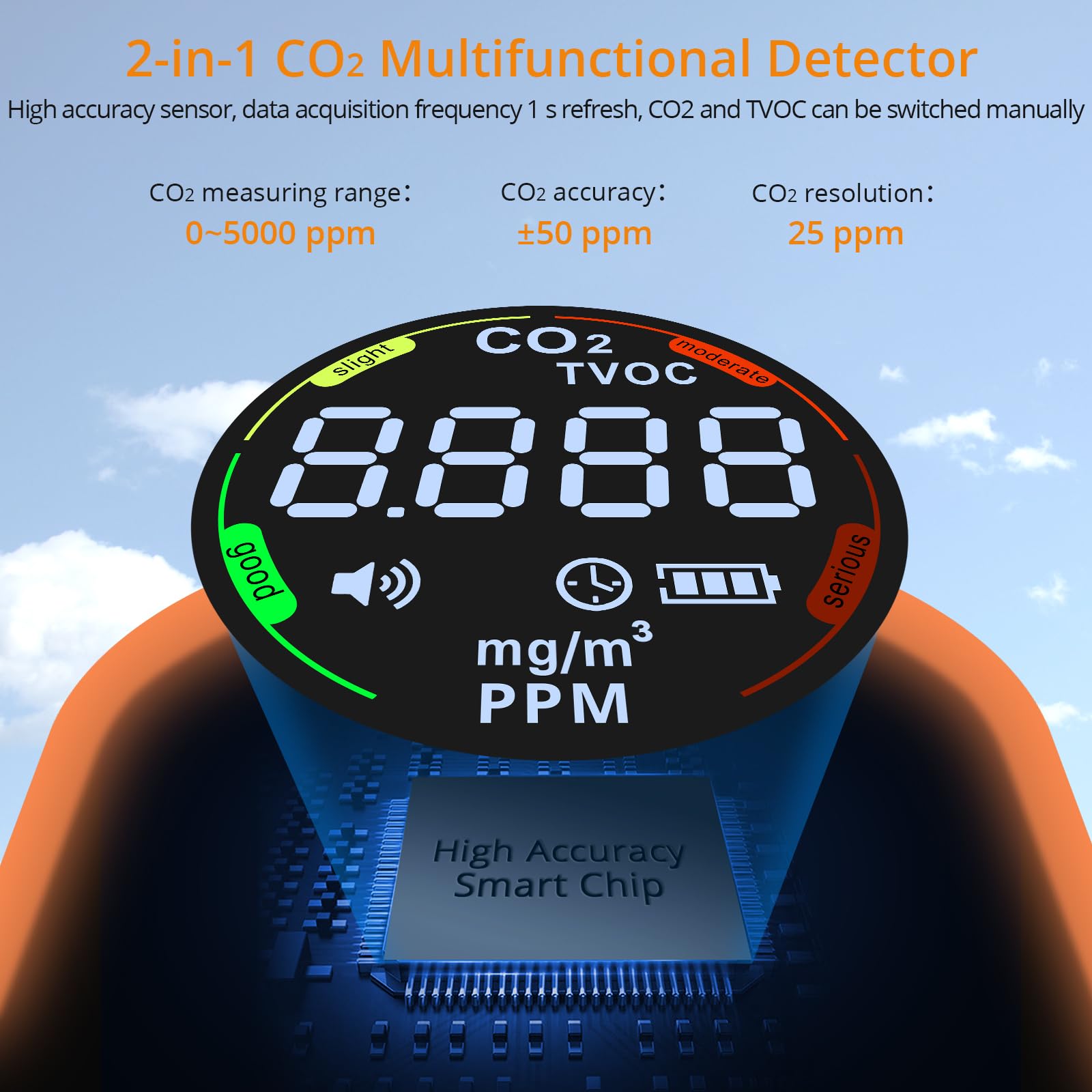 Neoteck Przenośny detektor CO2, mini czujnik dwutlenku węgla z akustycznym i optycznym alarmem, możliwość ponownego ładowania, 2 w 1, monitor CO2, 0-5000 PPM, na kemping, przygodę, do domu, hotelu