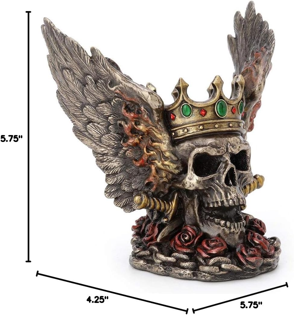 Veronese Design 5.9 Inch Flame Wings Crossed Swords Crown Screaming Skull Monarch Antique Bronze Finish Statue
