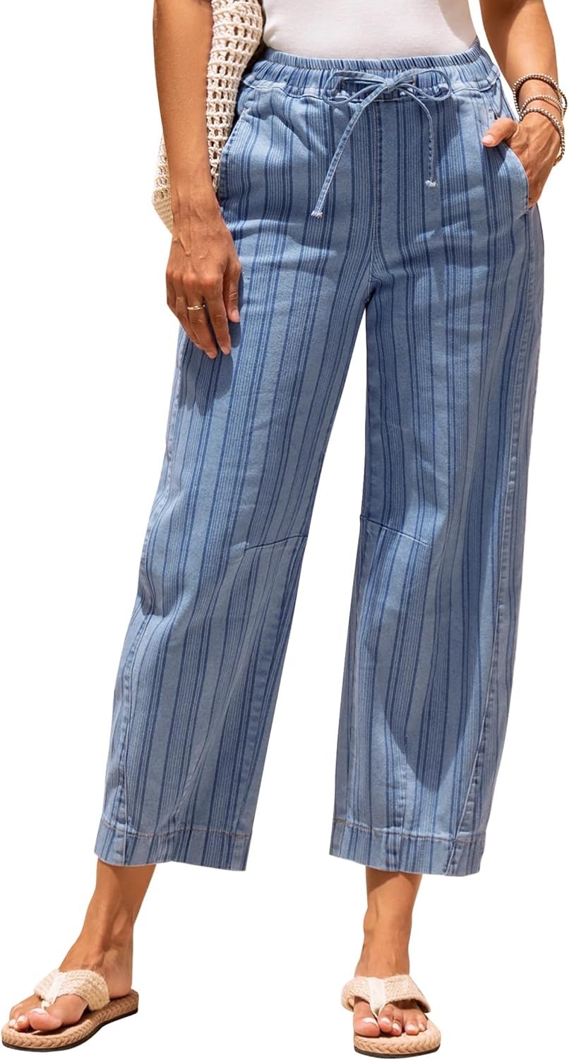 luvamia Barrel Jeans Women Trendy Striped Cropped High Waisted Pull On Elastic Waist Wide Leg Casual Stretch Denim Pants
