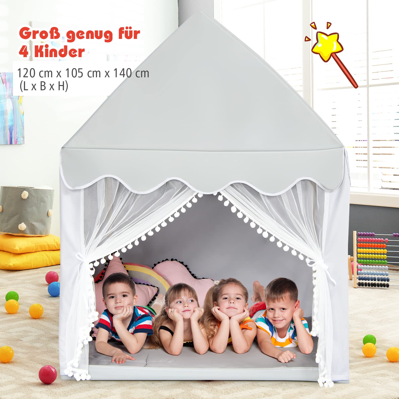 COSTWAY Kinderzelt Indoor, Kinderspielhaus für Jungen Mädchen Prinzess Prinzessin, Kinderspielzelt mit Massivholzrahmen & Baumwolldecke, Kinder Spielhaus für Drinnen, 120x105x140cm (Grau)