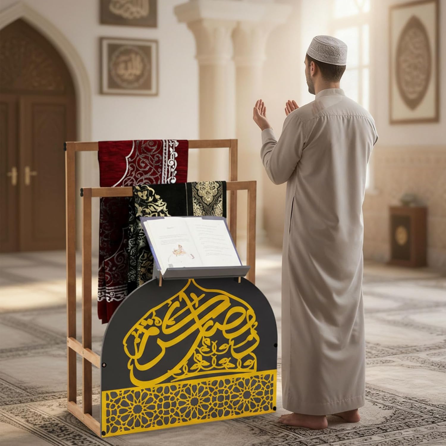 Chunful Gold Wooden Quran and Prayer Mat Stand, 35.4 x 26 x 11.8inch, Ideal Gift for Eid Ramadan and Muslim Home Decor, Islamic Prayer Rug Holder with Arabic Calligraphy for Home Mosque