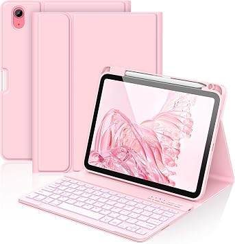 aMZCaSE for iPad A16 11th 10th Generation Case with Keyboard - 7 Colors Backlight Detachable Folio Keyboard Case for iPad A16 11th Gen 2025 & 10th Gen 10.9 inch 2022, Smart Wake/Up, Light Pink
