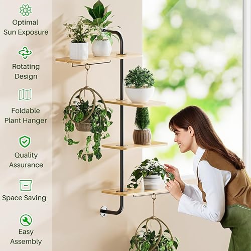 Miniatura 4 de YUOROS Estante de ventana para plantas, estante giratorio de 4 niveles para plantas, soporte de pared para plantas con colgador