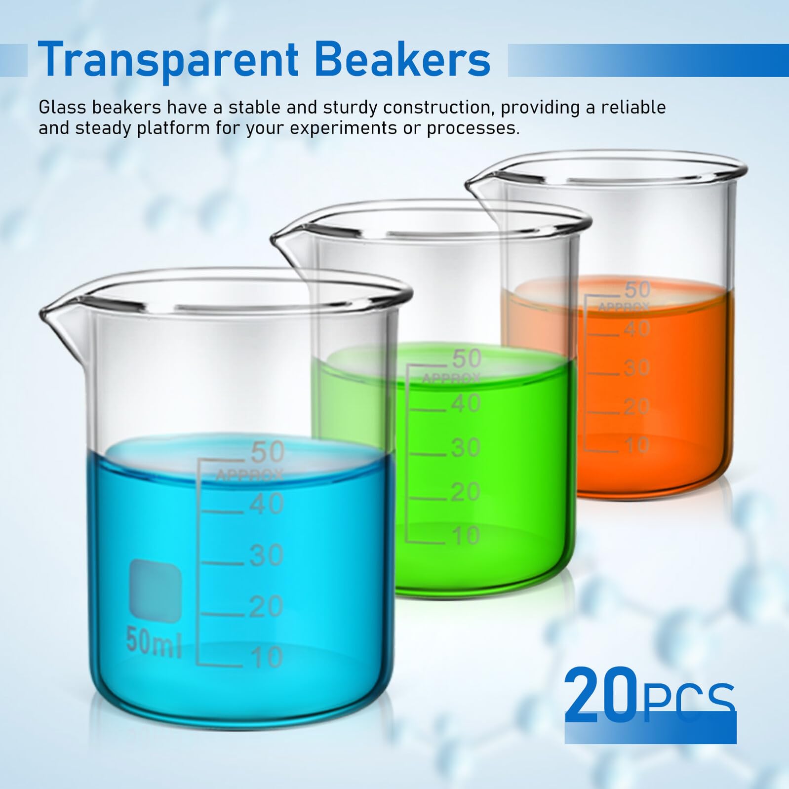 SEWACC Set de 20 Vasos de Vidrio Escala Graduada de 50ml para Medición Precisa, Cristalería de Laboratorio Simple y Elegante Adecuado para Experimentos Científicos