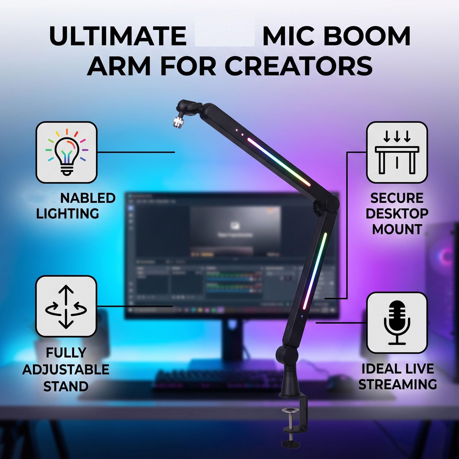 Luocute Supporto per Microfono da Soffitto con Braccio a Braccio RGB Mic con Gestione dei Cavi