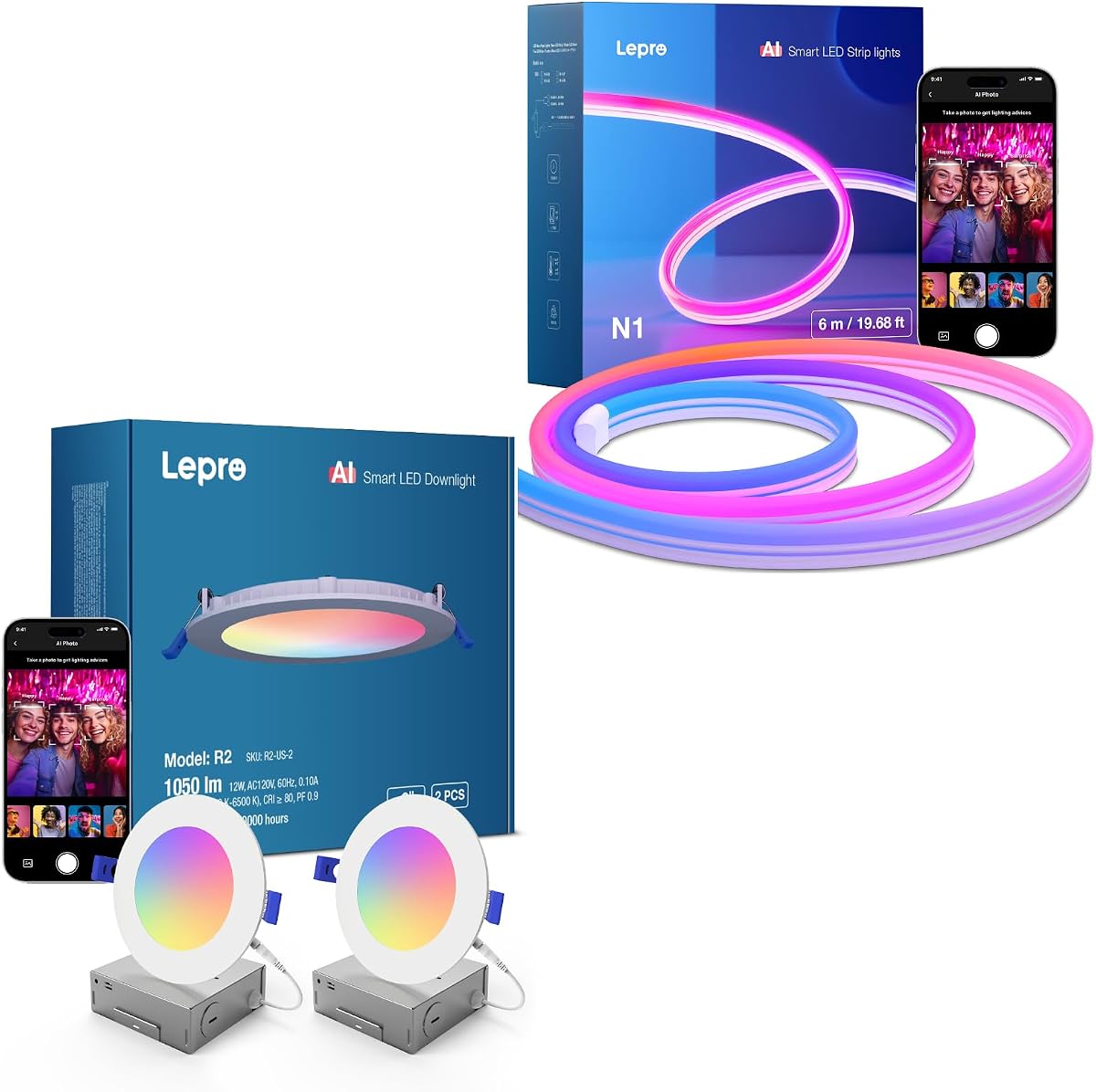 Lepro Bundle-R2 AI Smart LED Canless Light 6 pulgadas con reconocimiento de estado de ánimo+N1 AI Smart RGB luces de cuerda con LightBeats Music Sync, reconocimiento facial AI