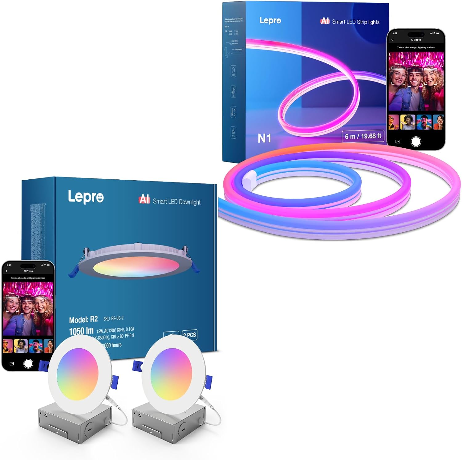 Lepro Bundle-R2 AI Smart LED Canless Light 6 Inch with Mood Recognition+N1 AI Smart RGB Rope Lights with LightBeats Music Sync, AI Facial Recognition