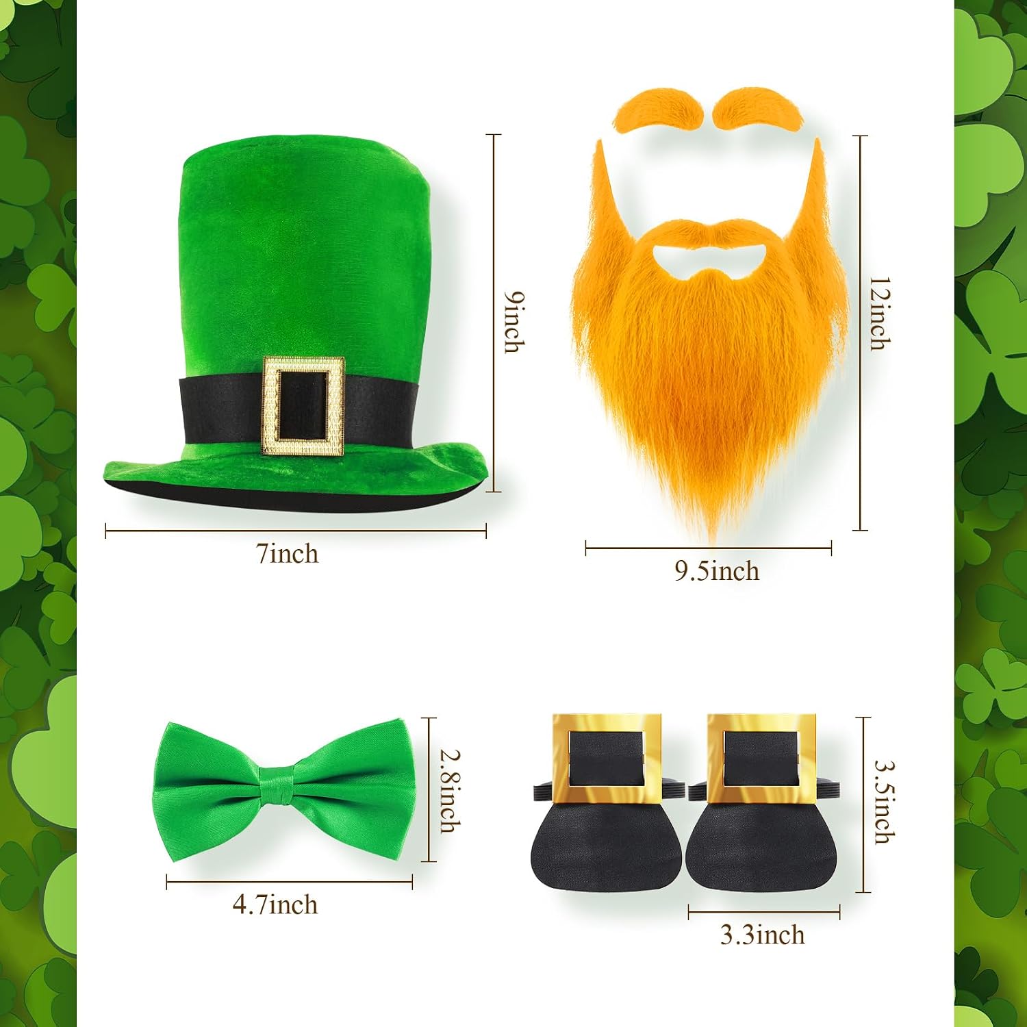 Tigeen 4 Pcs St. Patrick's Day Leprechaun Costume, Include Green Leprechaun Hat and Fake Beard Mustaches Accessories