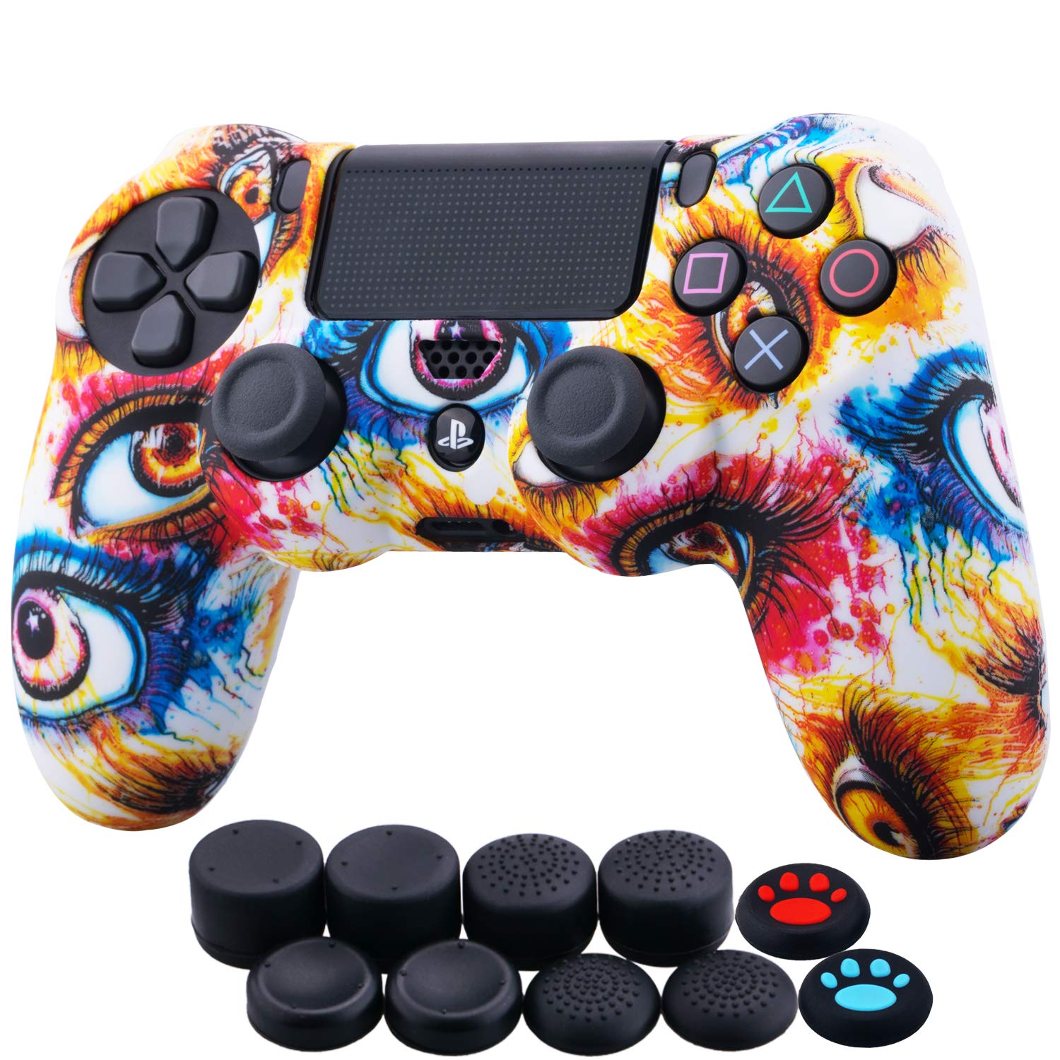 YoRHa Water Transfer Printing Camouflage Silicone Cover Skin Case for PS4/slim/Pro Controller x 1(Skull Graffiti) With Pro thumb grips x 8 — view 17