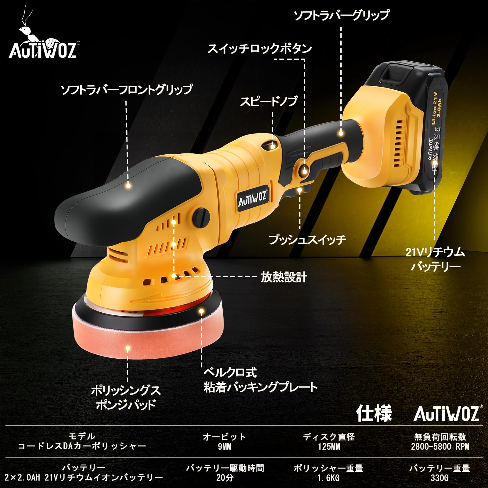Amazon | AUTIWOZ ポリッシャー 充電式 ダブルアクション 125mm 21V
