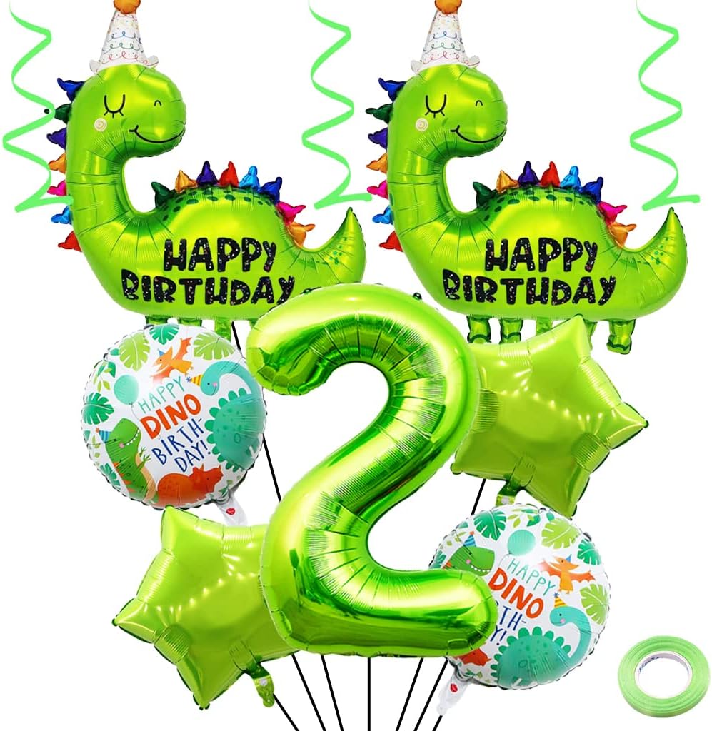 2nd Dinosaur Birthday Balloons Big Cute Dinosaur Aluminum Foil Balloon Number 2 Mylar Balloon for Dino Themed Party Boys Girls Birthday Decor - Green
