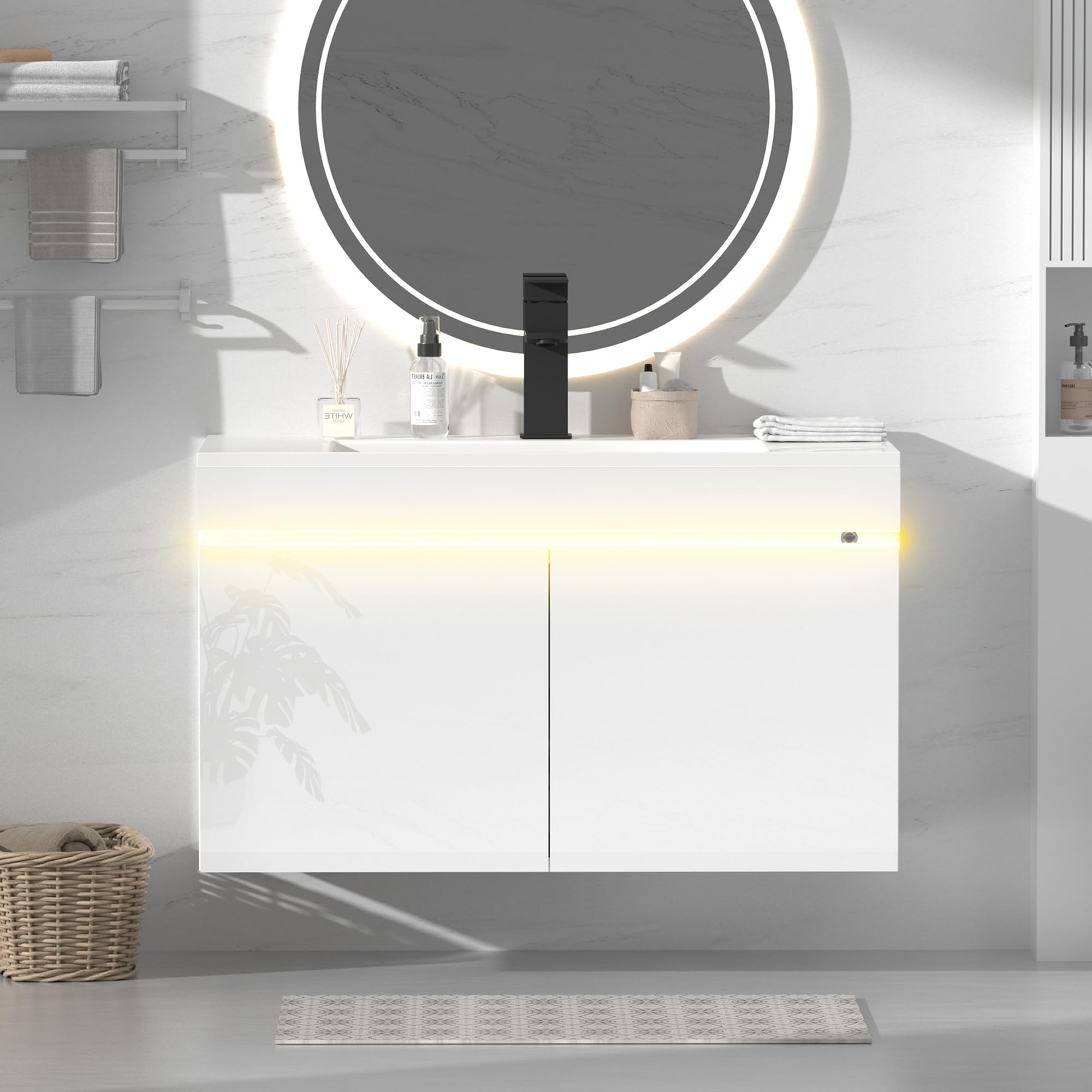 AHB 30 inch Bathroom Vanity W/Sink Combo, High Gloss Bathroom Cabinet, Smart Wall Mounted Sink Cabinet Auto Motion Sensor LED Light, Modern Floating