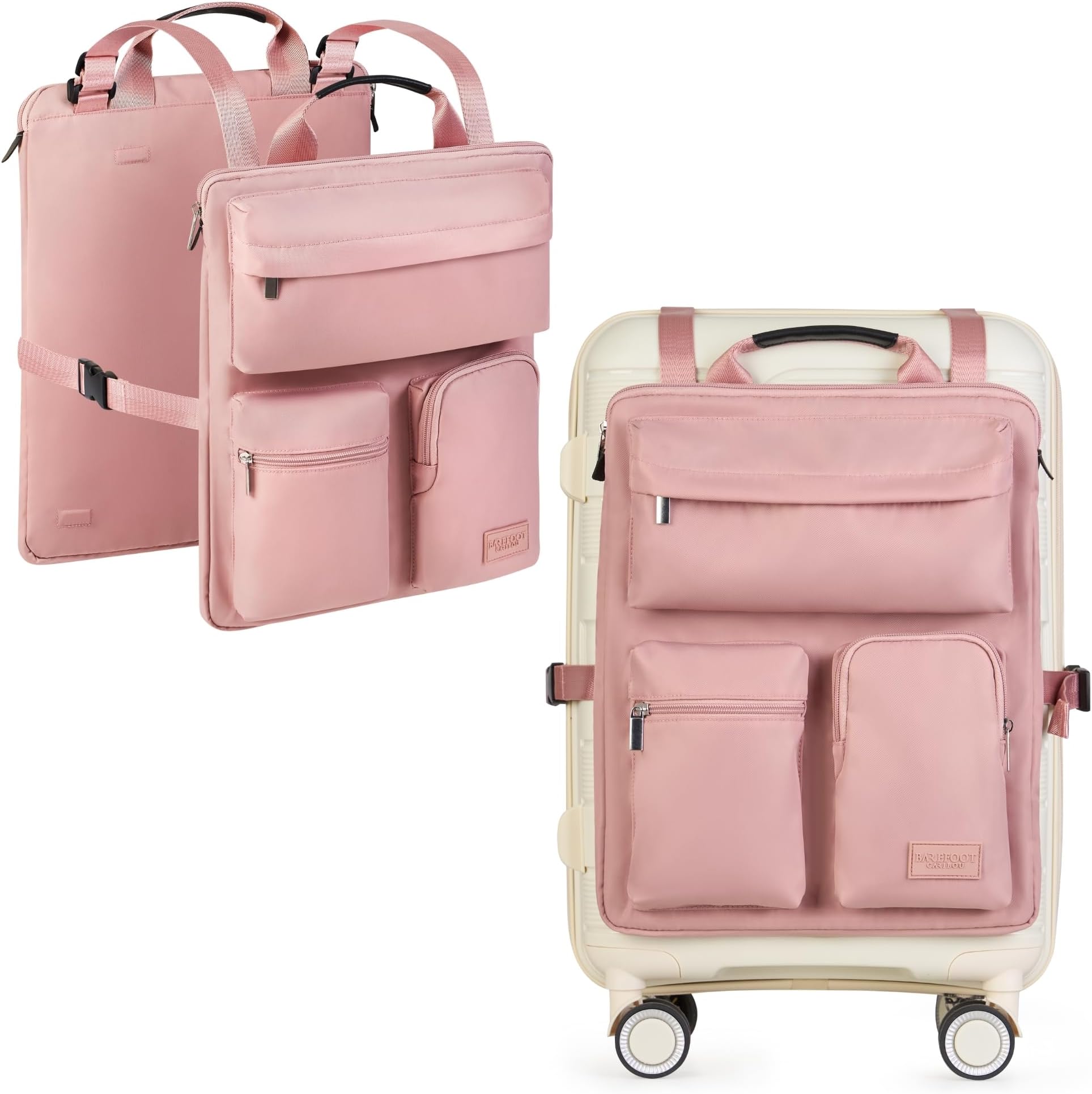 Barefoot Caribou Over Luggage Organizer for Carry On Bag or Suitcase with Storage Pockets, 15” Laptop Sleeve with Handle, Travel Accessories Bag, Slide On Luggage Harness with Adjustable Straps (Pink)