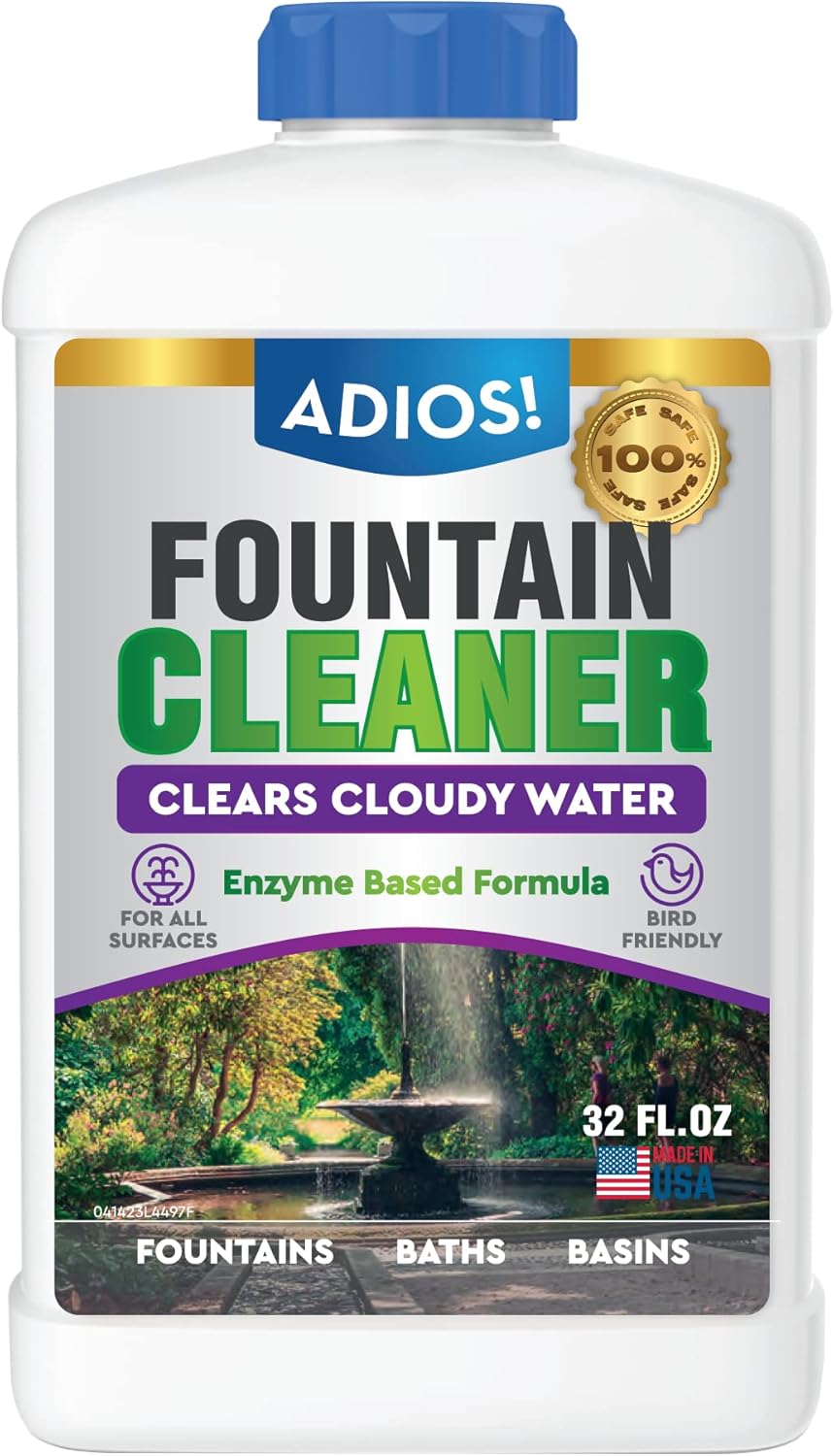 Adios! Fountain Cleaner and Clarifier for Outdoor and Indoor Fountains – Safe for Plastic, Metal, Glass and Stone (32oz)