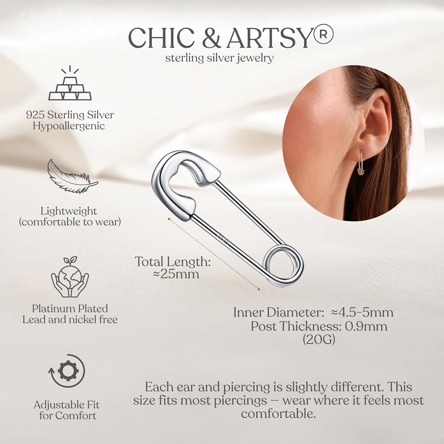 CHIC & ARTSY 925 Sterling Silver Safety Pin Earrings - Lightweight Comfortable Punk Paperclip Cartilage Hoop Earrings, Trendy Industrial Style Jewellery for Women and Men