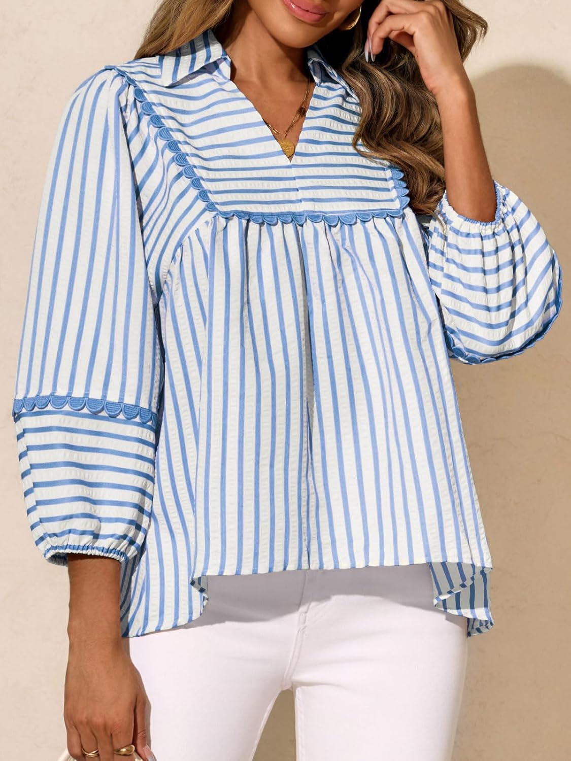 Tankaneo Womens Striped Babydoll Tops Oversized 3/4 Sleeve Peplum Blouse Casual Loose Fit Pleated Cute Shirts Blue White - Image 5