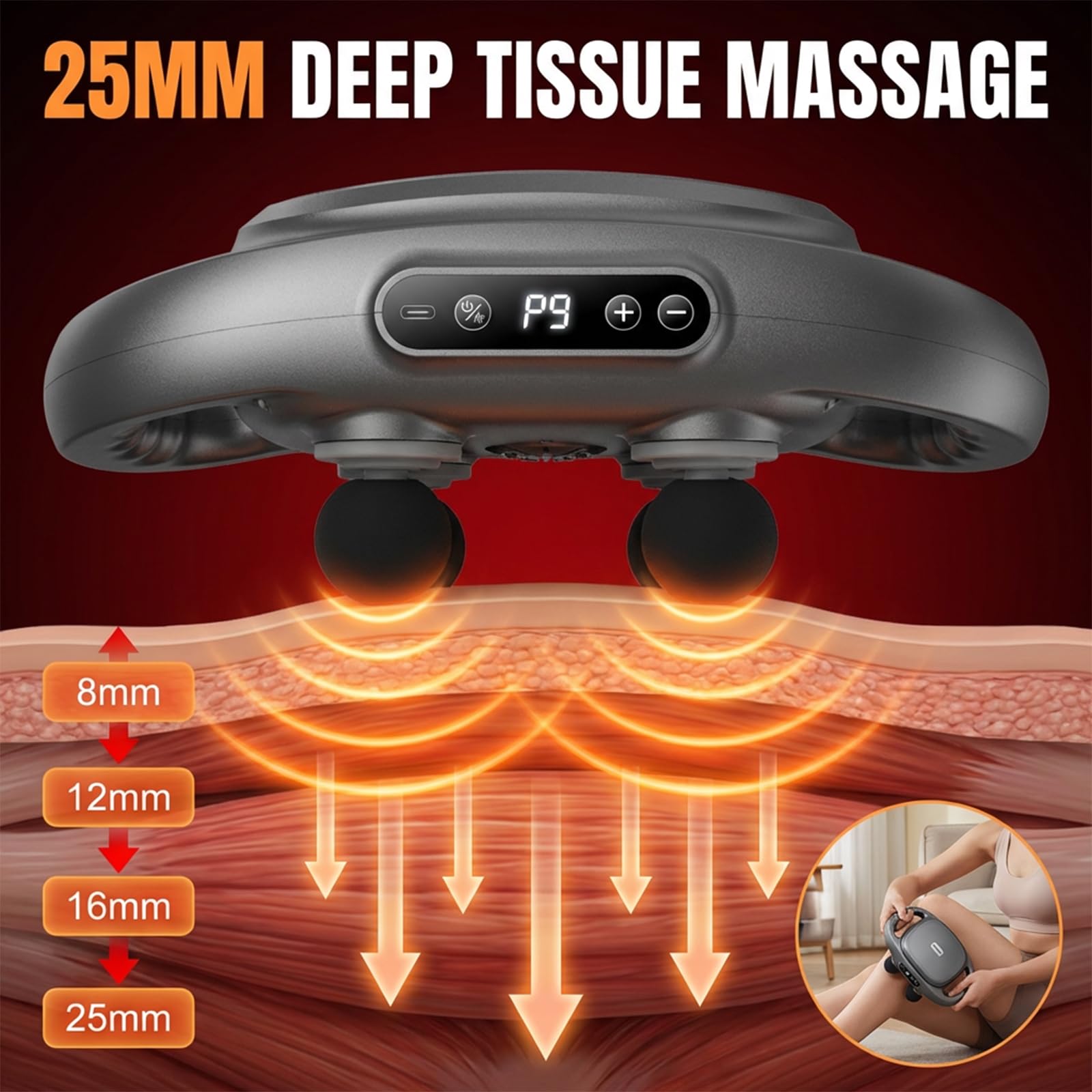 Massagepistole 12 Köpfe Tiefengewebe für Rücken Beine Nacken mit Wärme 9 Modi 9 Intensitäten 35dB leise Handmassagegerät