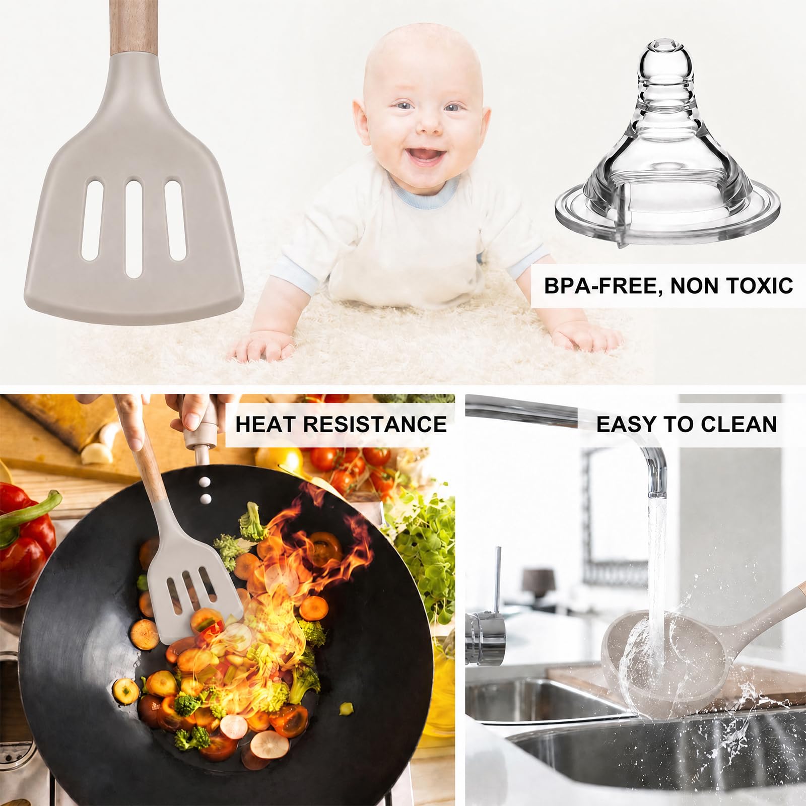 MIBOTE Juego de utensilios de cocina de silicona con soporte, asas de madera, sin BPA, no tóxicas, pinzas giratorias, espátula, cuchara, utensilios de cocina antiadherentes (caqui)