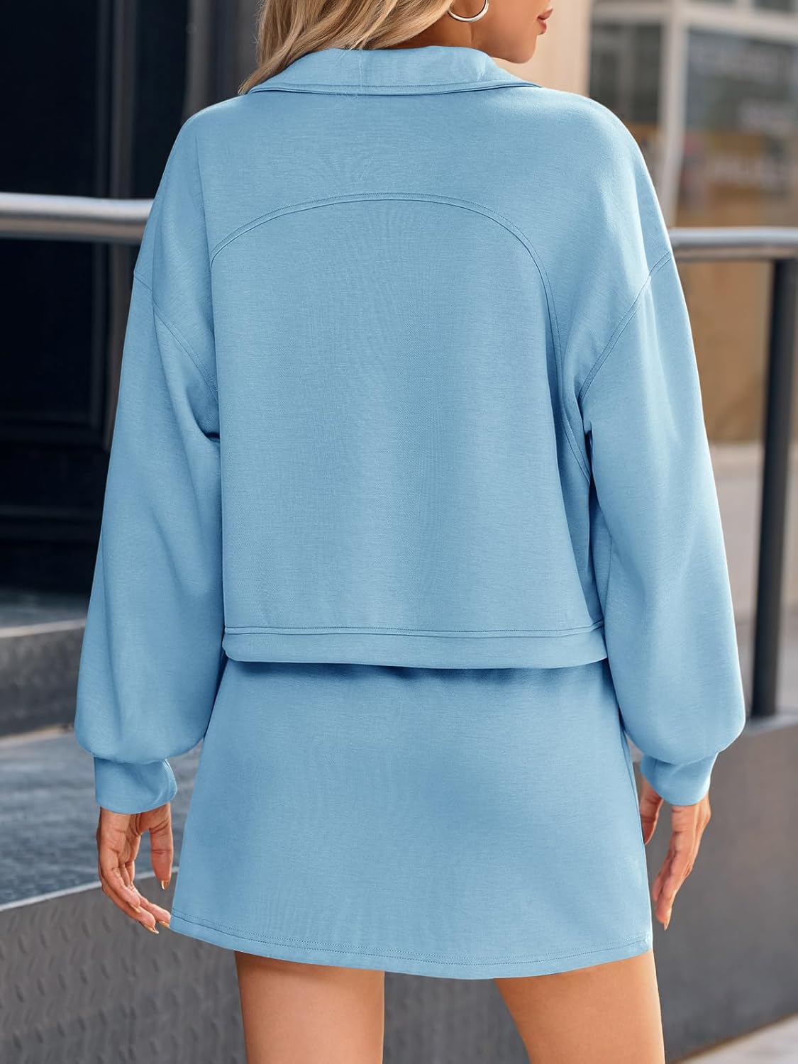 Fisoew Womens Sweatsuits 2 Piece Outfits Quarter Zip Cropped Sweatshirts Casual Mini Skorts Lounge Wear Skirts Sets - Image 4