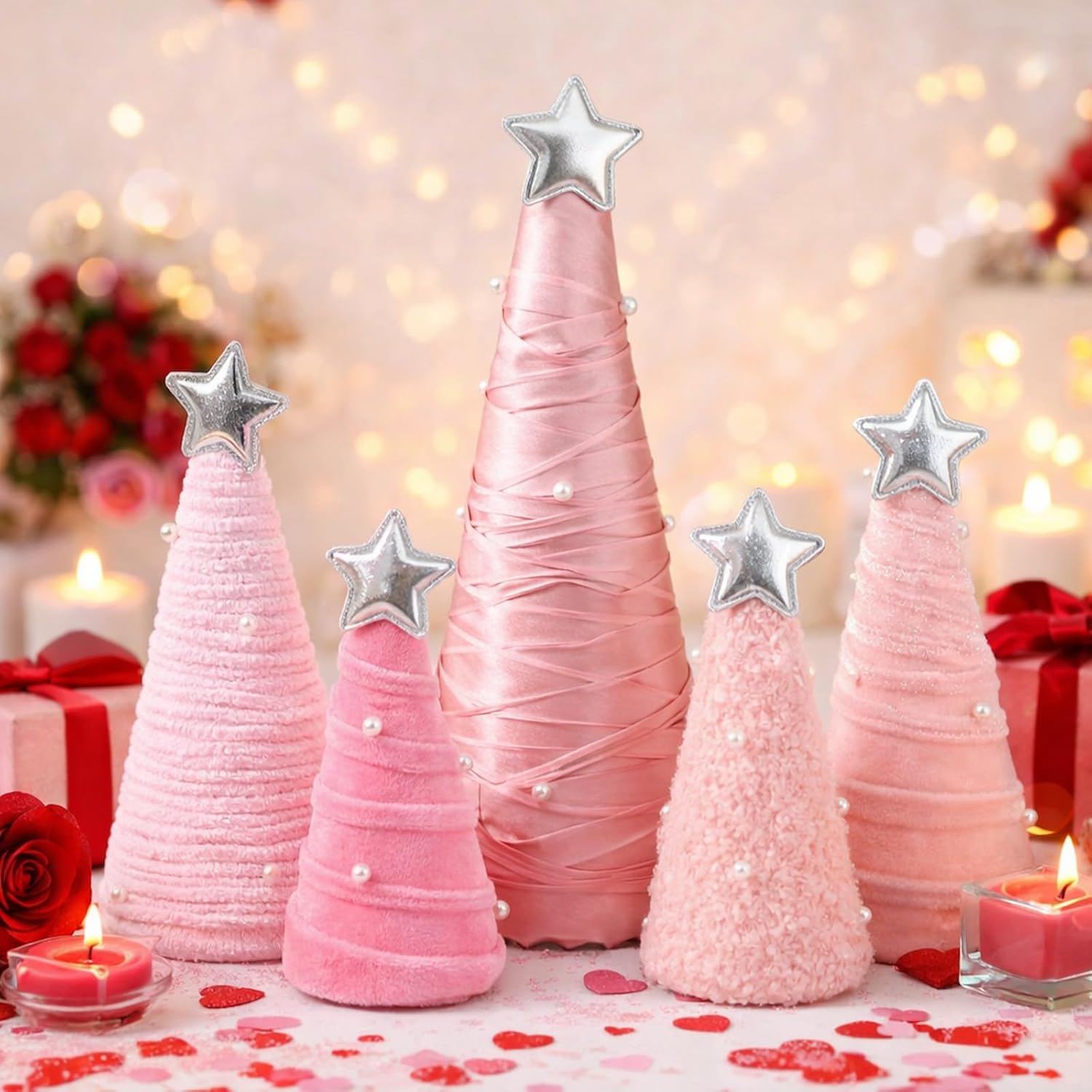 5 Pcs Pink Valentines Day Table Decorations Cone Yarn Tree Velvet Wool Plush Fur Surface Mini Valentines Trees for Tiered Tray Indoor Home Pink Decoration for Valentine Holiday Decor - Image 2