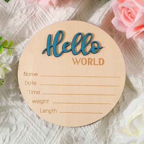 Miniatura 4 de Letrero de anuncio de bebé, 5.9 pulgadas de madera con texto en inglés Hello World para recién nacido, placa de nombre de nacimiento para accesorios