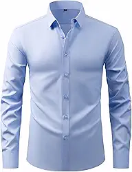 Camisa social masculina, modelagem regular, elástica, lisa, para casamento, com botões