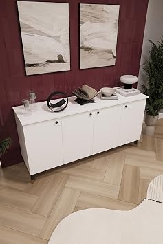 ASRA TREND Beyaz KNSL01 4 Kapaklı Konsol 150 cm Geniş MDFLAM Çok Amaçlı Dolap Modern Metal Ayaklı Salon ve Antre Ünitesi%100 MDFLAM