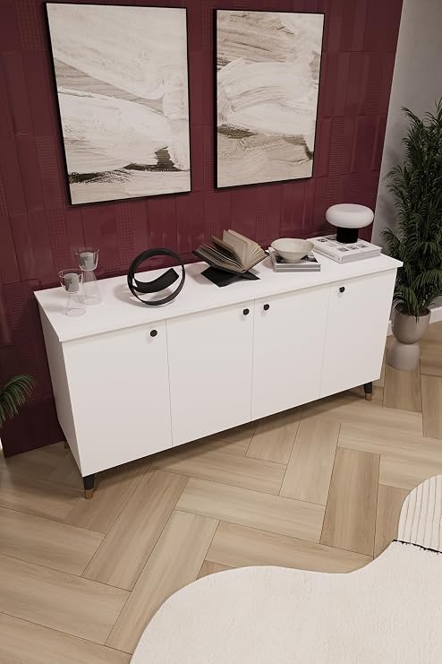 ASRA TREND Beyaz KNSL01 4 Kapaklı Konsol 150 cm Geniş MDFLAM Çok Amaçlı Dolap Modern Metal Ayaklı Salon ve Antre Ünitesi%100 MDFLAM