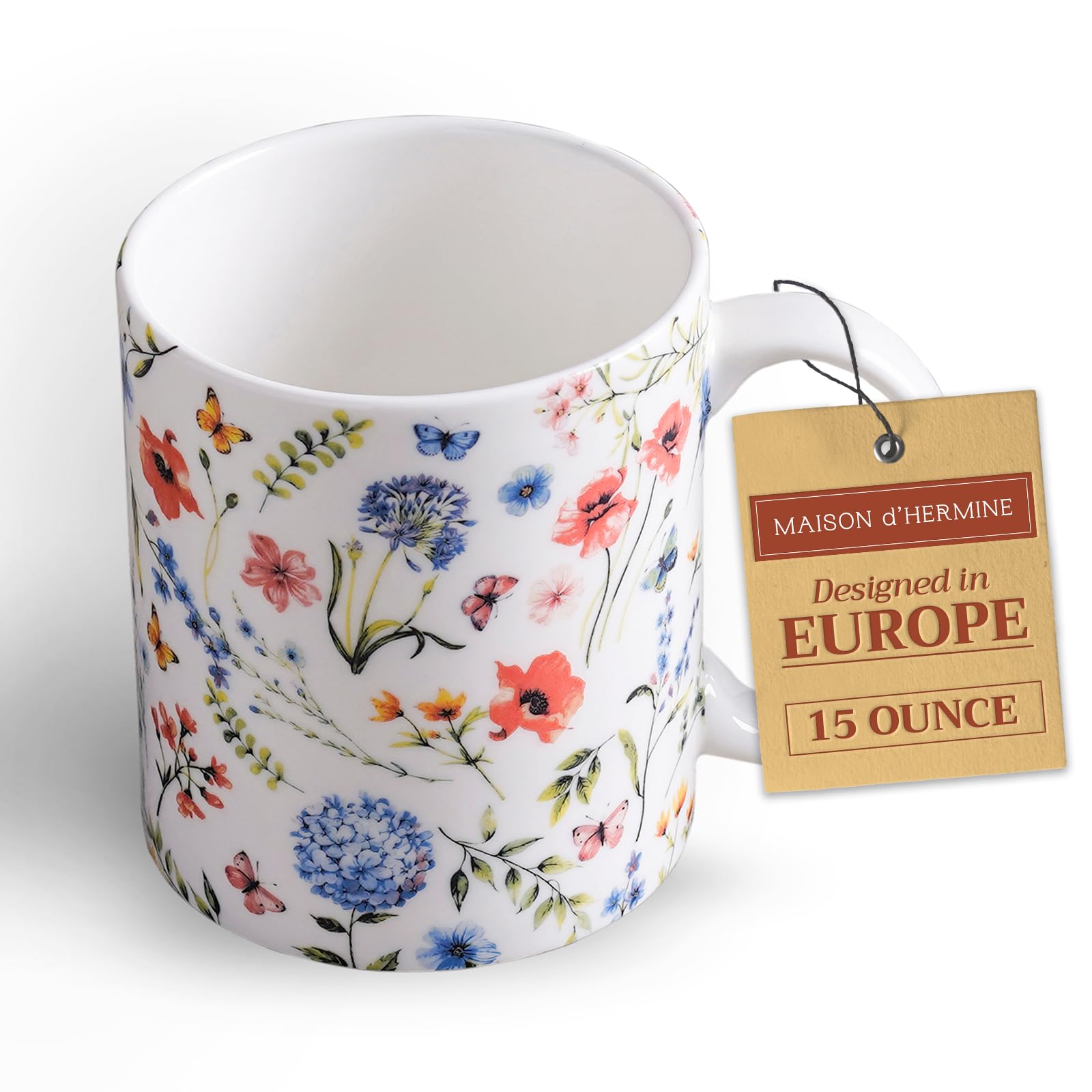 Maison d' HermineCoffee Mug with Handles Fine Bone China Pack of One Coffee Mug for Hot Beverages Cappuccino Latte Home Restaurant Perfect for Men & Women (Just Floral - Blues 'N Redz, 15 Ounce)