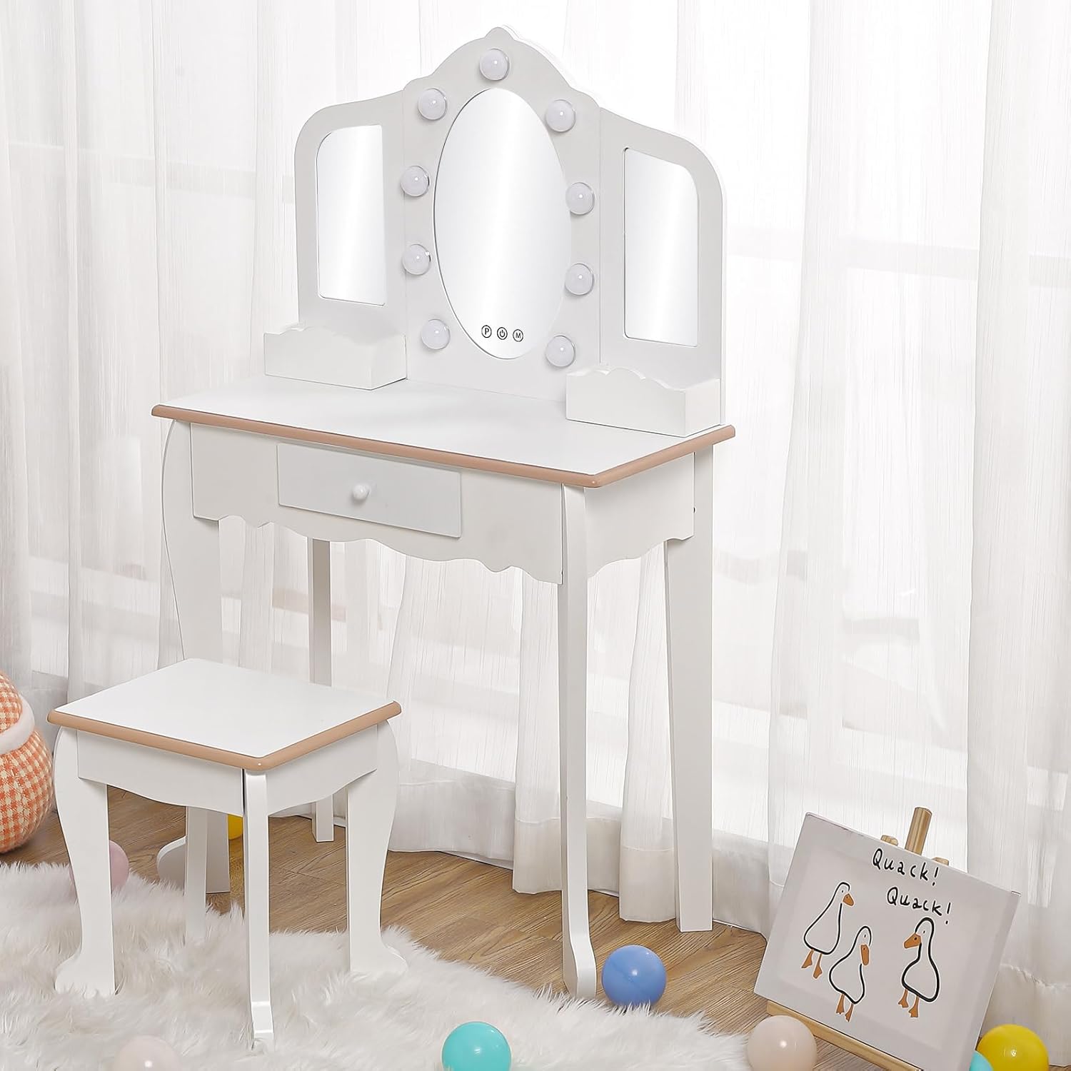 Garvee Kids Vanity with Lighted Mirror, Little Girls Vanity Table & Stool, Kids Makeup with Tri-Fold Mirror, Drawer & Storage Grid for 3-9 Yrs Girls, White