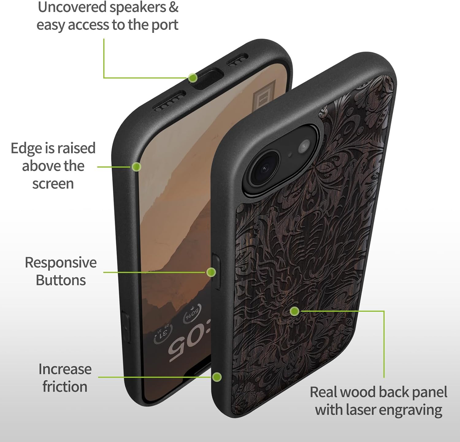 Carveit Magnetic Wooden Case for iPhone 16e / 17e, Solid Wood & TPU, Artisan Engraved Design, Shockproof Cover, Compatible with MagSafe Wireless Chargers, Dragon's Aura – Guardian Spirit - Blackwood