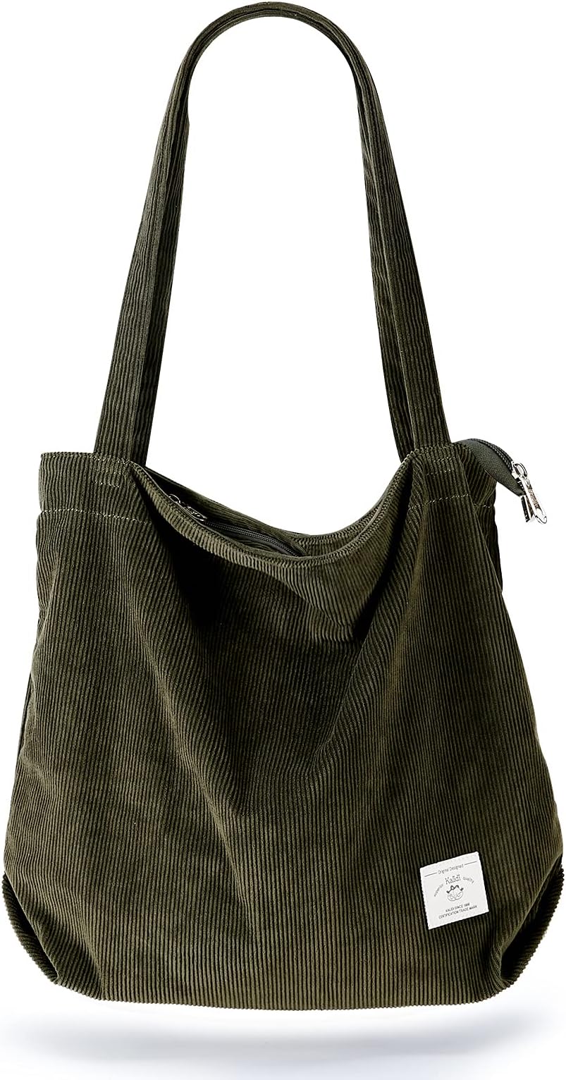 KALIDI Women Corduroy Tote Bag Zipper Casual Tote's Handbag Big Capacity Shoulder Bag with Pockets