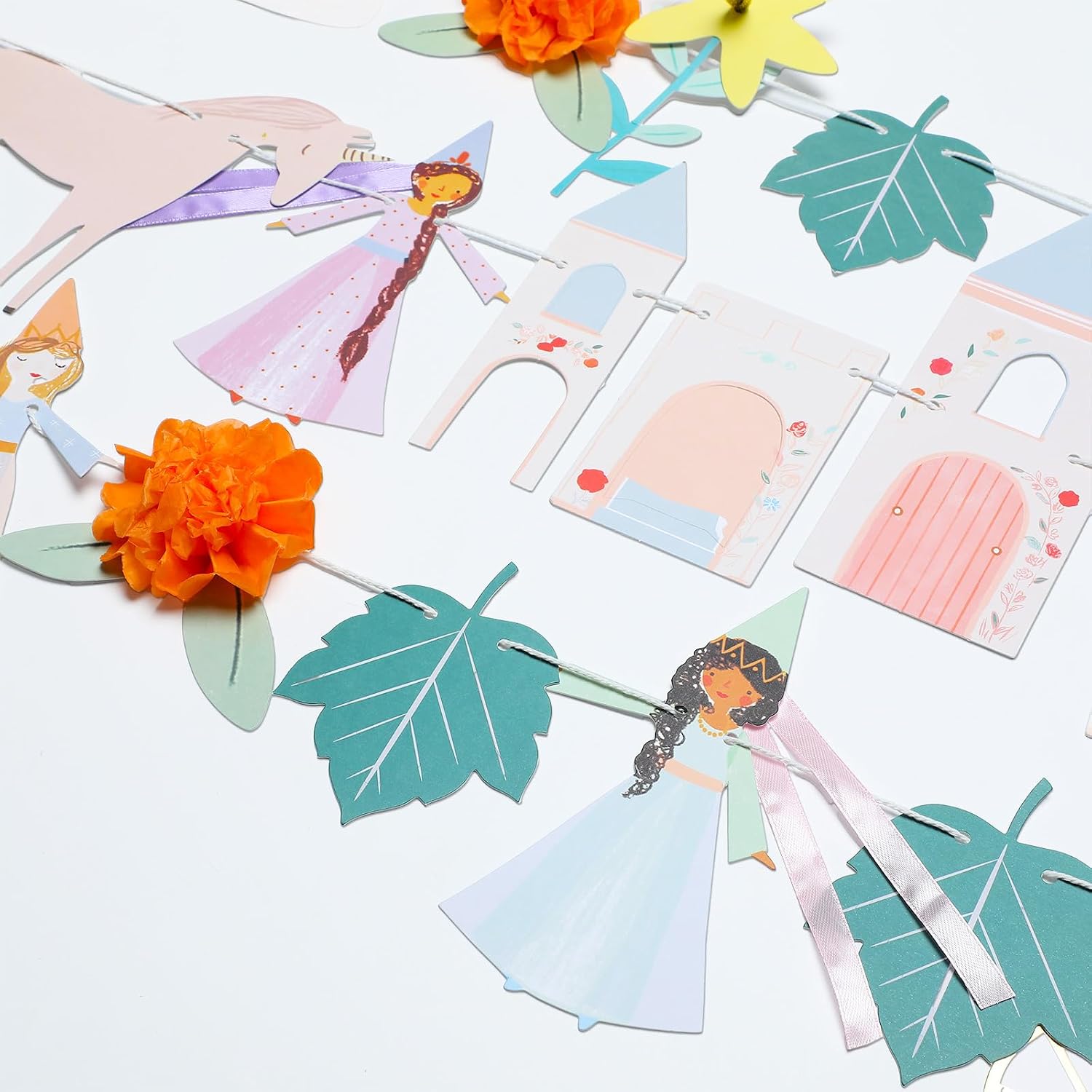 Marspark Princess Garland Princess Birthday Banner 10 Feet Fairy Themed Party Garland Banner with Rope Paper Fairy Floral Castle Backdrop for Birthday Party Baby Shower Decoration Outdoor Indoor