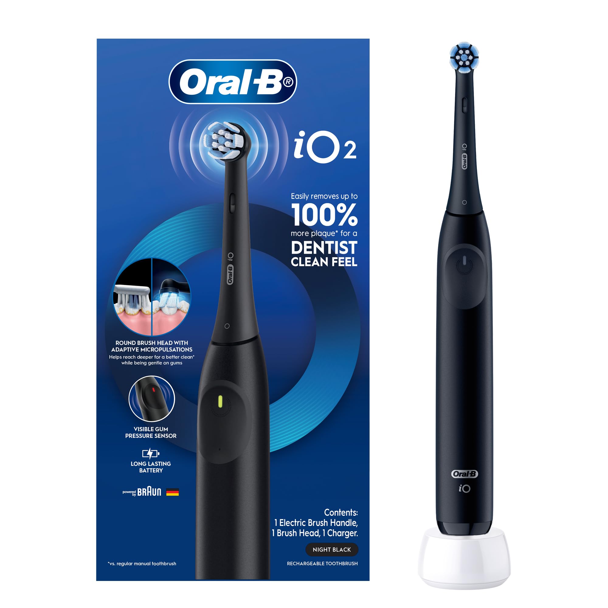 Oral B iO2 Series 2 Rechargeable Electric Toothbrush, 3 Smart Modes, iO Technology, Pressure Sensor, Adaptive Micro Pulsations - IOS2.IC9.1K - Black iO2 Black