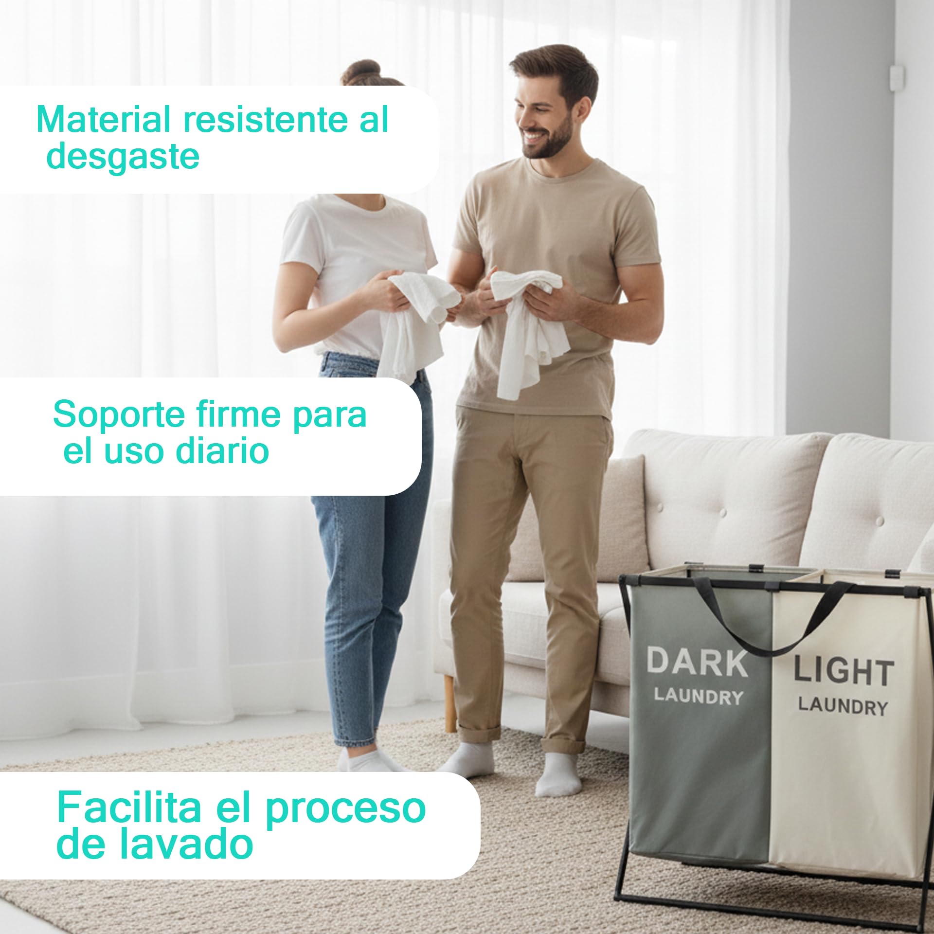 Weida Cesto para la Ropa Sucia con Compartimento | Estructura con Barras de Hierro Resistente | Organización Práctica para Baño, Lavadero o Dormitorio | Funcional (2 Compartimientos 55cm-52cm-33cm)