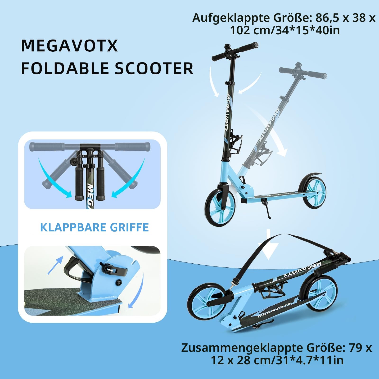 Klappbarer Kinderroller mit 20 cm Rädern – Scooter für Kinder ab 8 Jahren und Erwachsene, Höhenverstellbarer Lenker, bis 100 kg belastbar