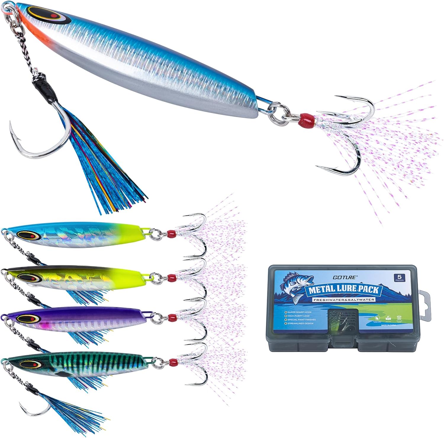 Goture Fishing Jigs, 30g 40g 50g 60g Vertical Jig Saltwater Freshwater, Jig Lures with Assist Hook and Treble Hook, 5PCS Jigging Spoon Lures with Tackle Box, Fishing Jigs for Tuna, Salmon, Bass