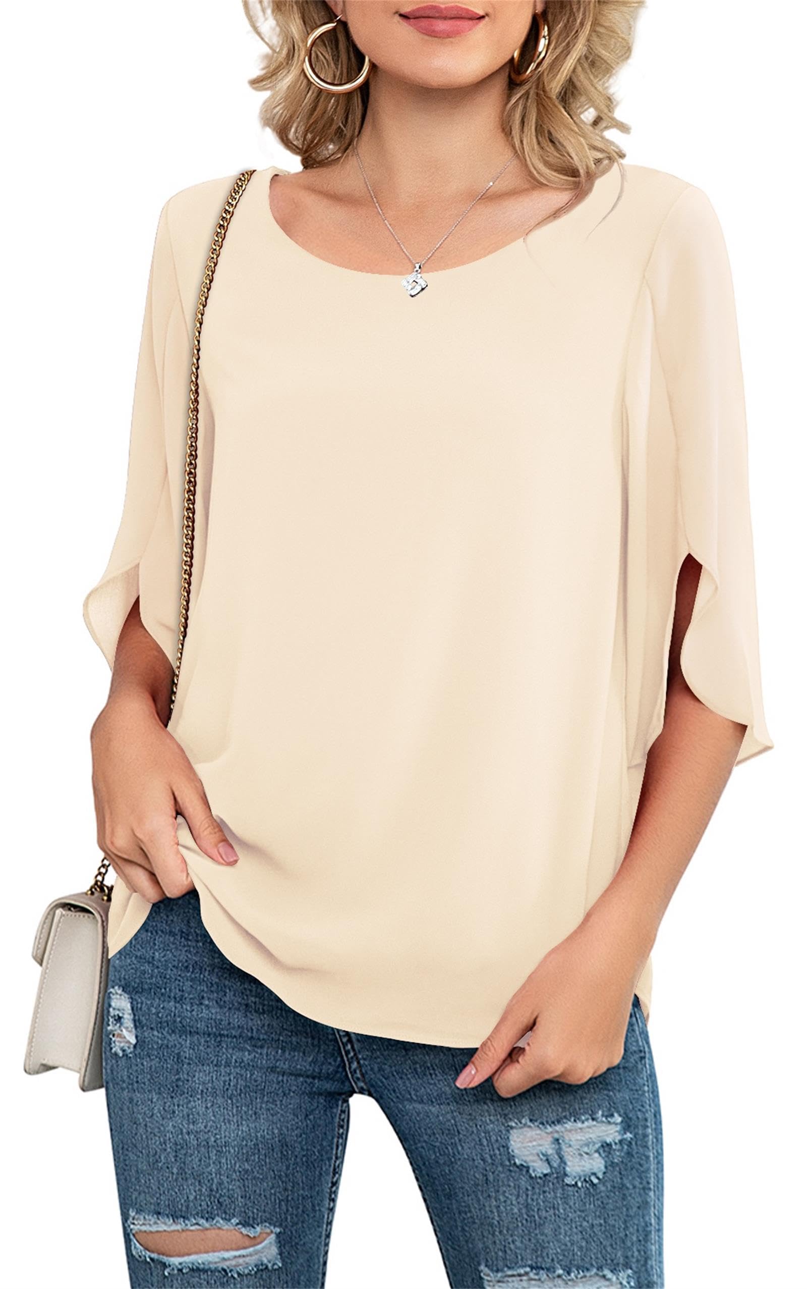 Neineiwu Camicetta da donna in chiffon, casual, con collo rotondo, maniche a 3/4, in rete