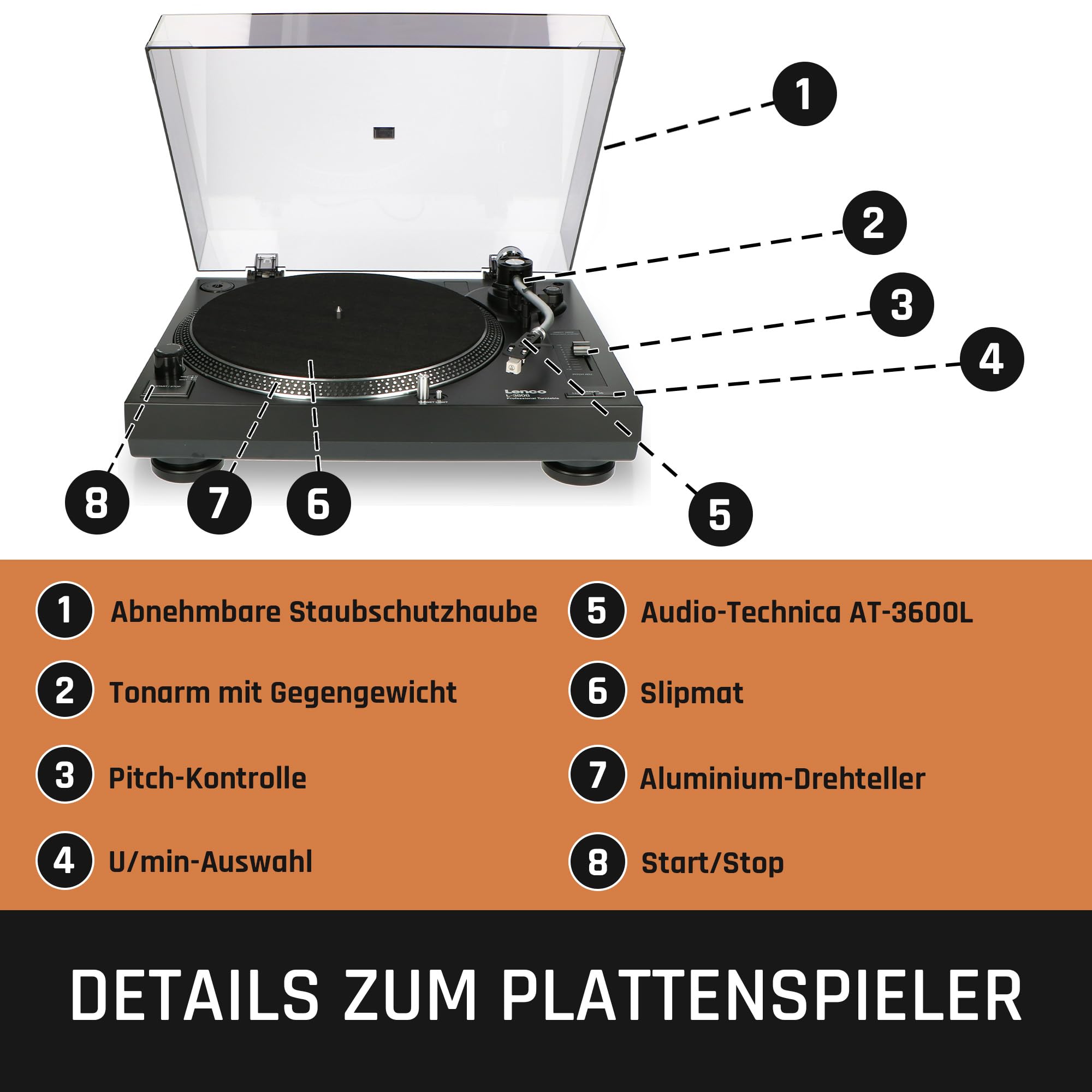 Lenco L-3808 USB DJ-Plattenspieler mit Direktantrieb - 33/45 U/min - Pitch-Control - Magnet-Tonabnehmer-System - Nadelbeleuchtung - Digitalisierung via PC - Staubschutzhaube - schwarz