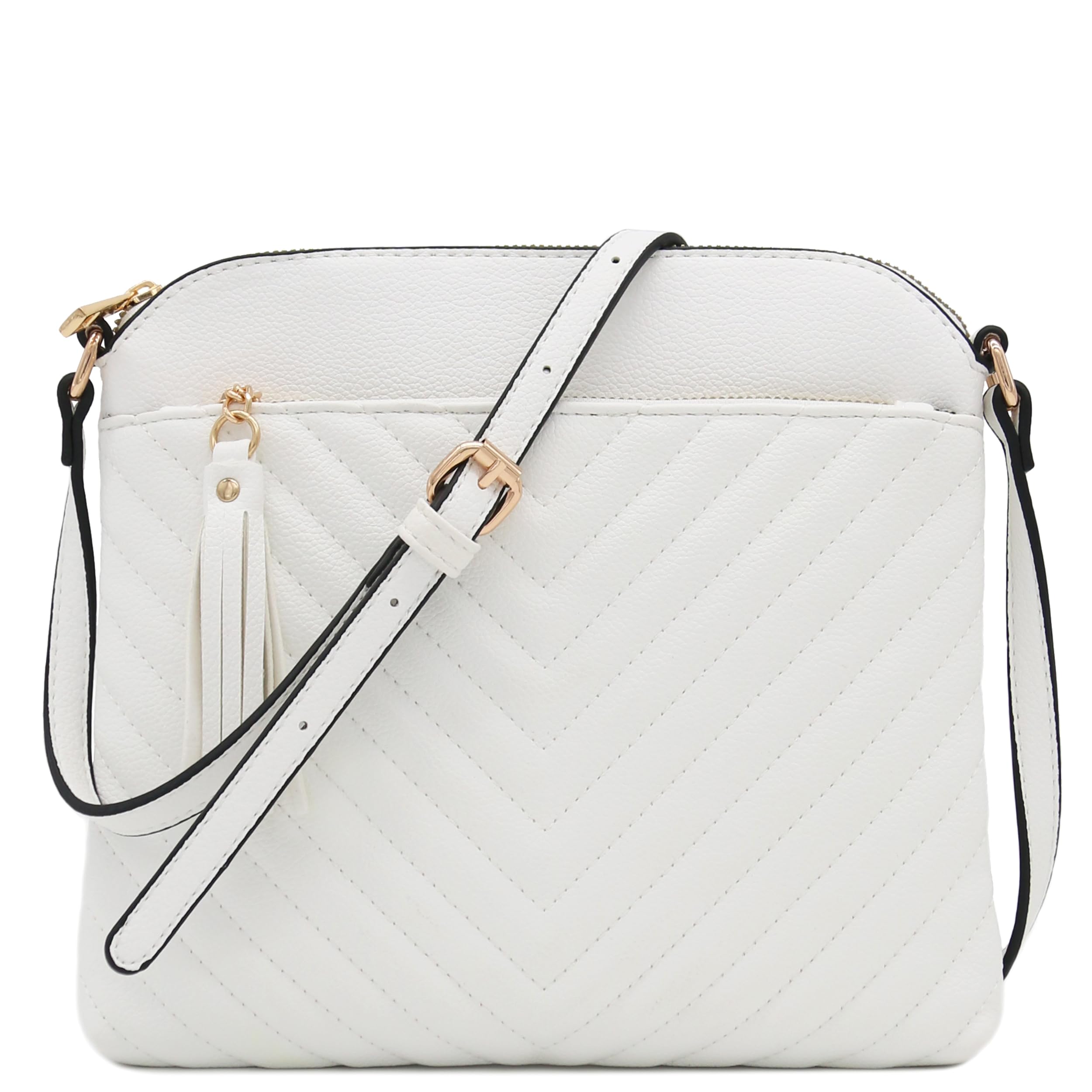 FashionPuzzle Chevron Quilted Medium Crossbody Bag with Tassel Accent, White, One Size