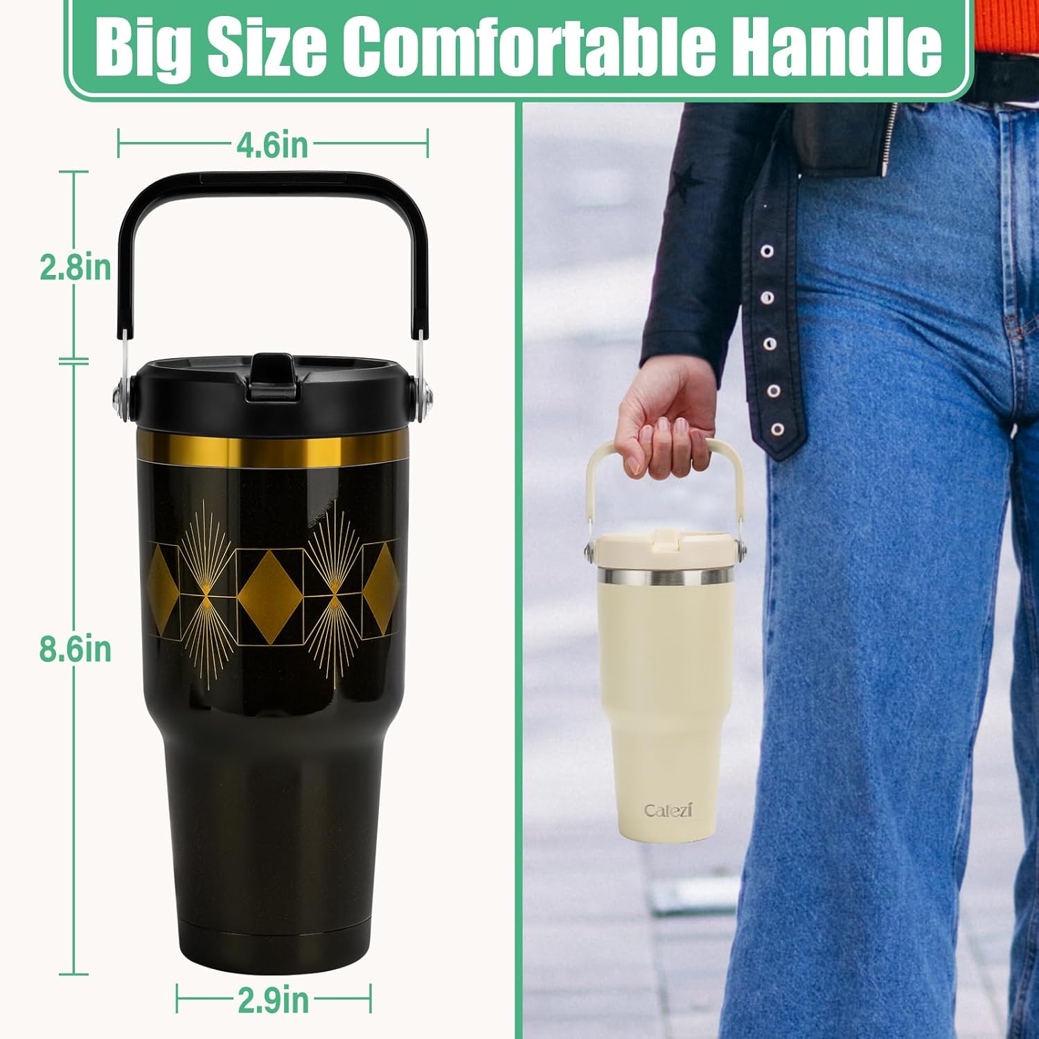 30 oz Tumbler with Handle, Vacuum Insulated Tumblers with Flip Straw and Top Handle, Reusable Insulated Cup for Home, Outdoors, Leakproof, Fits in Cup Holder, Cold for 30 Hours - Image 6