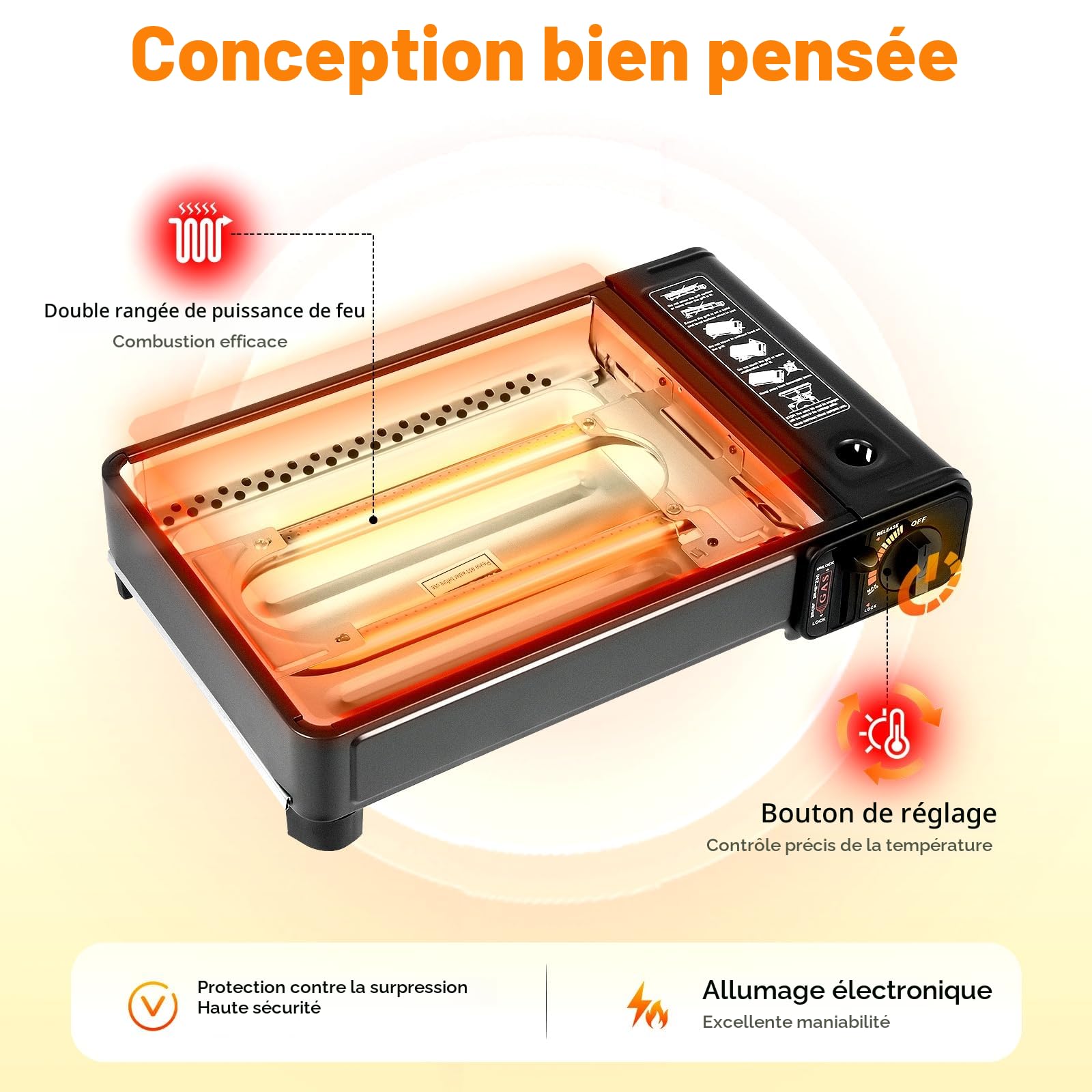 2 en 1 réchaud de camping portable et petit barbecue à gaz, barbecue-cuisinière, gril portable, réchaud à gaz de camping, barbecue au butane, adapté pour le camping, l'extérieur et l'intérieur