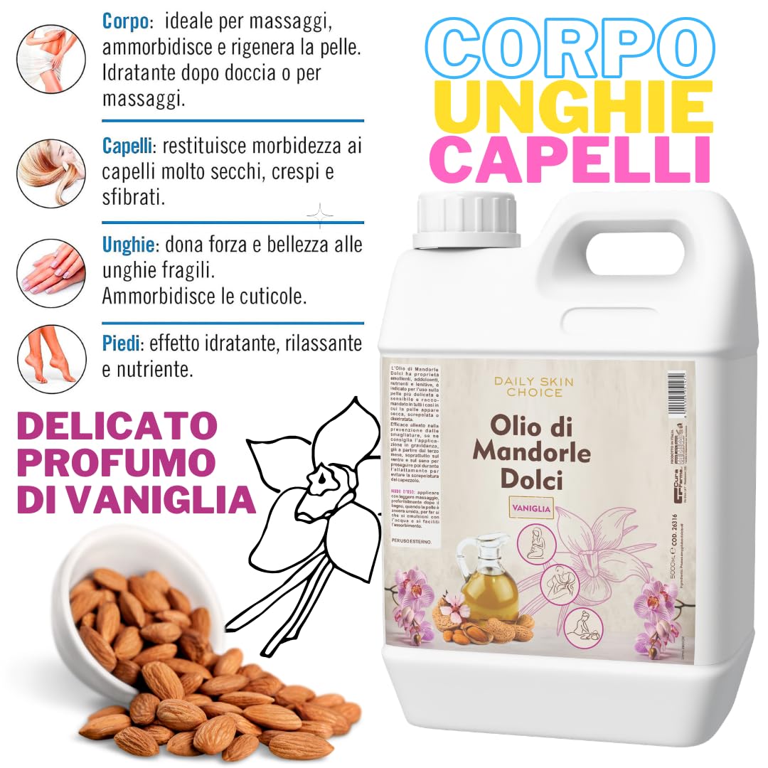 Olio di Mandorle Dolci al Profumo di vaniglia 5 L – Olio Corpo Emolliente e Nutriente per Massaggi, Post-Doccia e Post-Ceretta – Formato Professionale