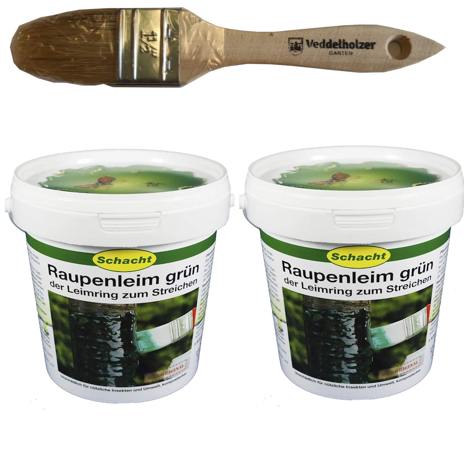 Schacht Raupenleim 2kg Eimer + Veddelholzer Marken-Pinsel 35mm Breit Leimringe für Obstbäume als Baumschutz Baumleimring zum streichen auch Insektenleim genannt