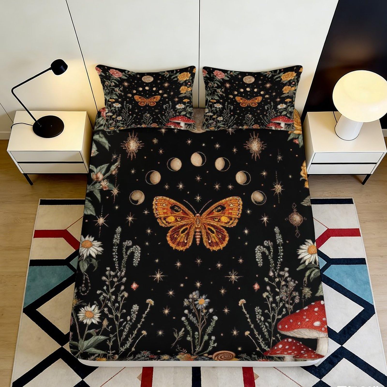 3D Printed Butterfly Night Forest Fitted Sheet Microfiber Soft Breathable Mushroom Bed Cover for Bedroom Guestroom Decor Mattress Protection 90x200x25cm