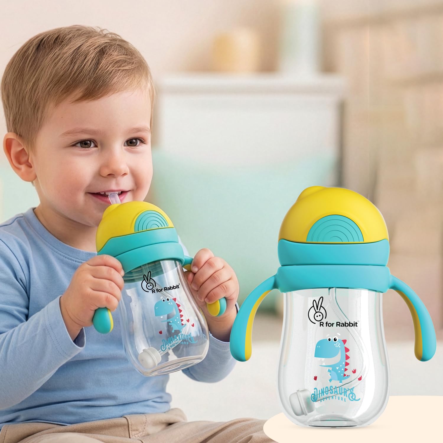 R for Rabbit Tritan Dino 320ml Baby Straw Sipper for Kids | Twin Handle Non Toxic BPA Free Soft Silicone Straw Sippy Bottle | Leak Proof Drinking Sippy Cup for 12+ Months Babies (Yellow Blue)