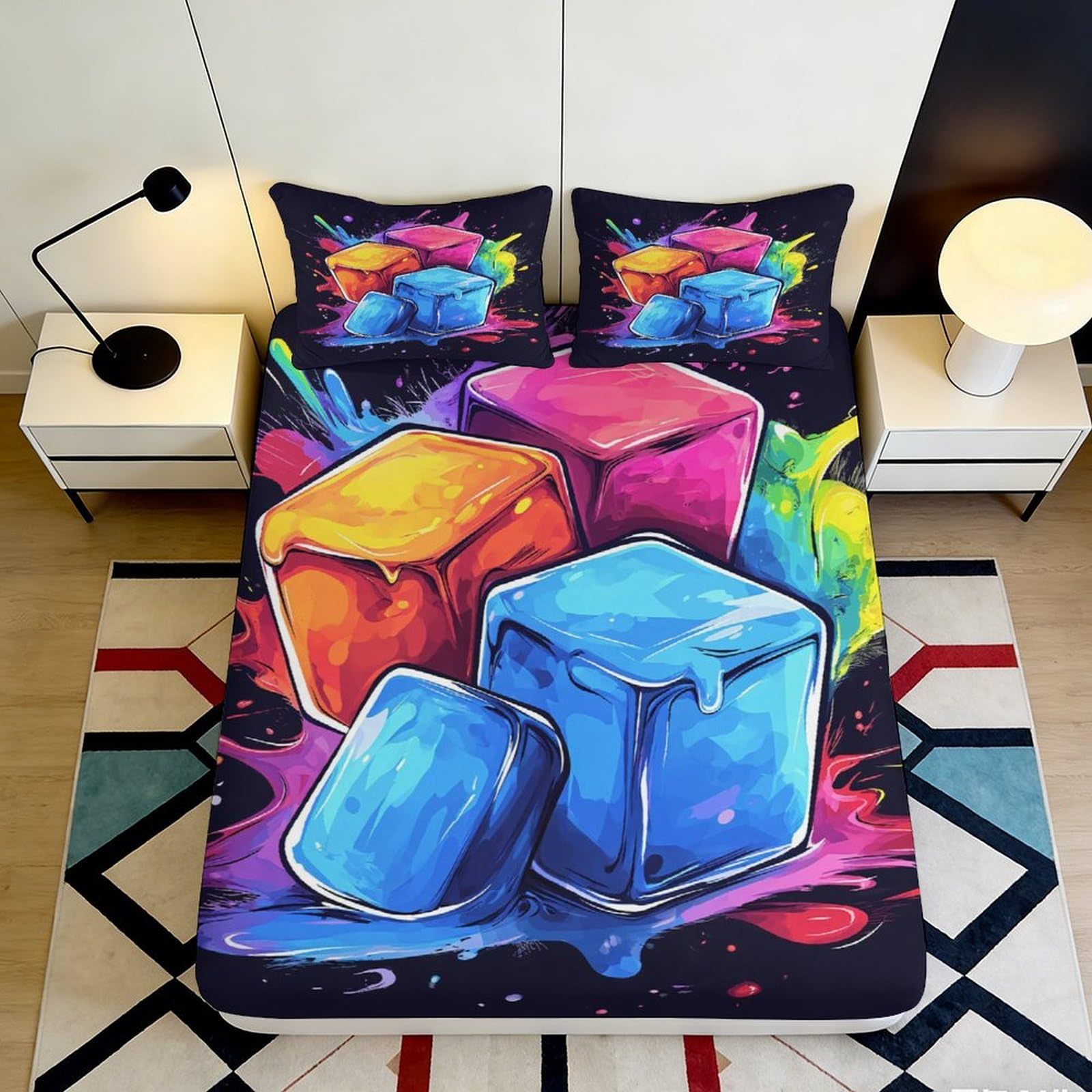 Vivid decor 3D Printed Fitted Sheet with colorful ice cube pattern, Microfiber soft touch, guest room bedding, wrinkle resistant, easy care 90x200x25cm