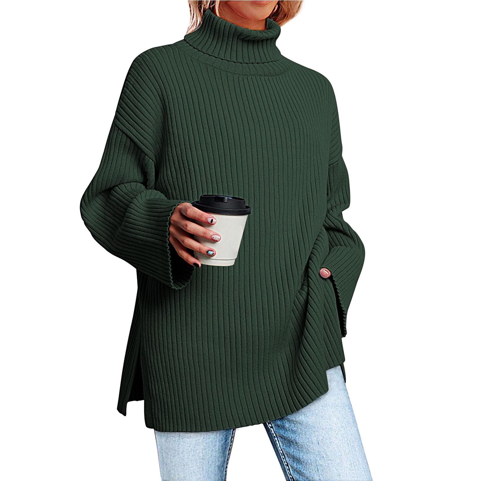 Greabuy Maglione a collo alto oversize alla moda da donna maglione a costine felpa per donna maglione casual camicie da donna maglioni da donna felpe leggere in maglia, Verde militare, L